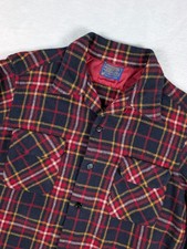 Vtg 70's Pendleton Board Shirt Mens S/M Navy Red Plaid Wool Loop Collar