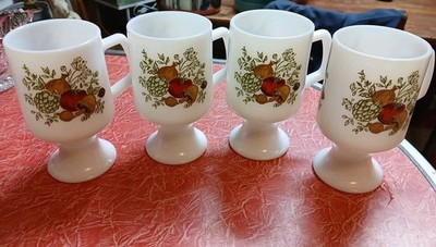 Vintage Corning Ware Spice of Life Milk Glass Pedestal Mug Grandmug Set of 4