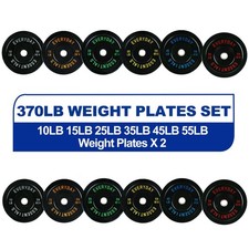 Olympic Bumper Plate Weight Lifting Set 370 Lbs Set Steel Hub Black Home Gym