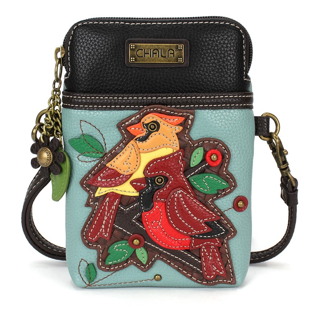 New Chala Teal Red Cardinal Family Cell Phone Crossbody Purse Adjustable Strap