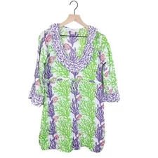 Gretchen Scott Designs Women's Ruffle Neck Dress Medium Purple Green Coral Reef