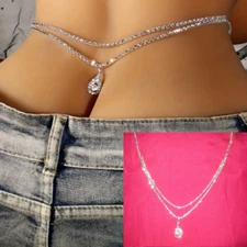 Rhinestone Belly Chain Crystal Pear Teardrop Pendant Waist Glam Belt SEXY Bling