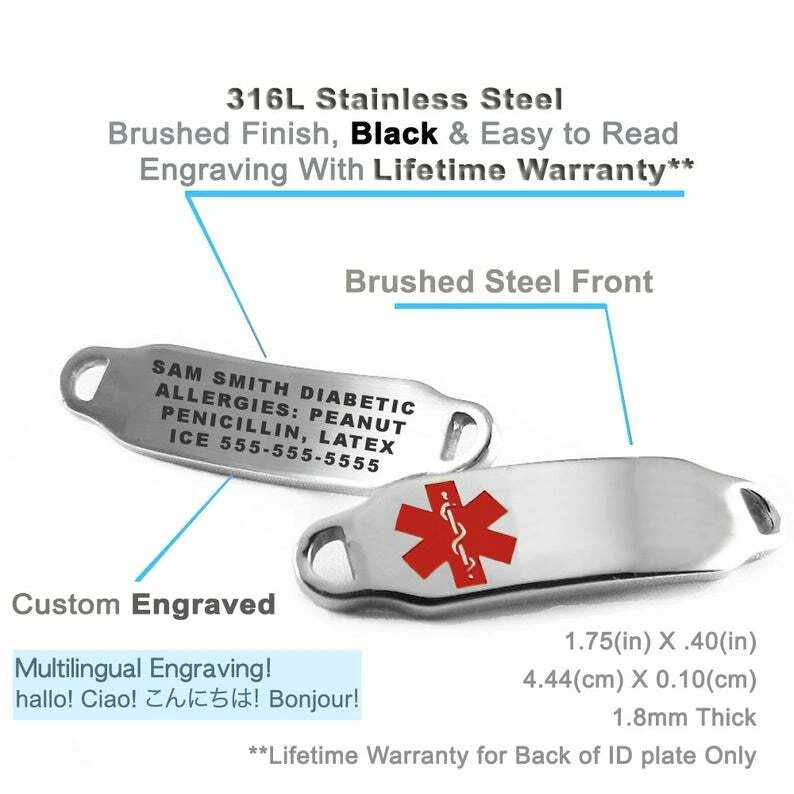 Браслет медицинский идентификационный с гравировкой из нержавеющей стали синий круглый стекло Millefiori 8,5 дюйма - Изображение 4 из 4