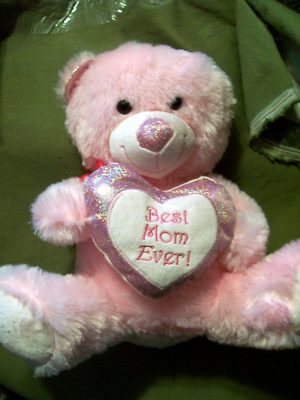 14.5 Inch Plush Pink Stuffed Bear holding Best MOM Ever! Heart