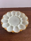 Vintage Anchor Hocking White Milk Glass Deviled Egg Plate Gold Trim 10" Easter