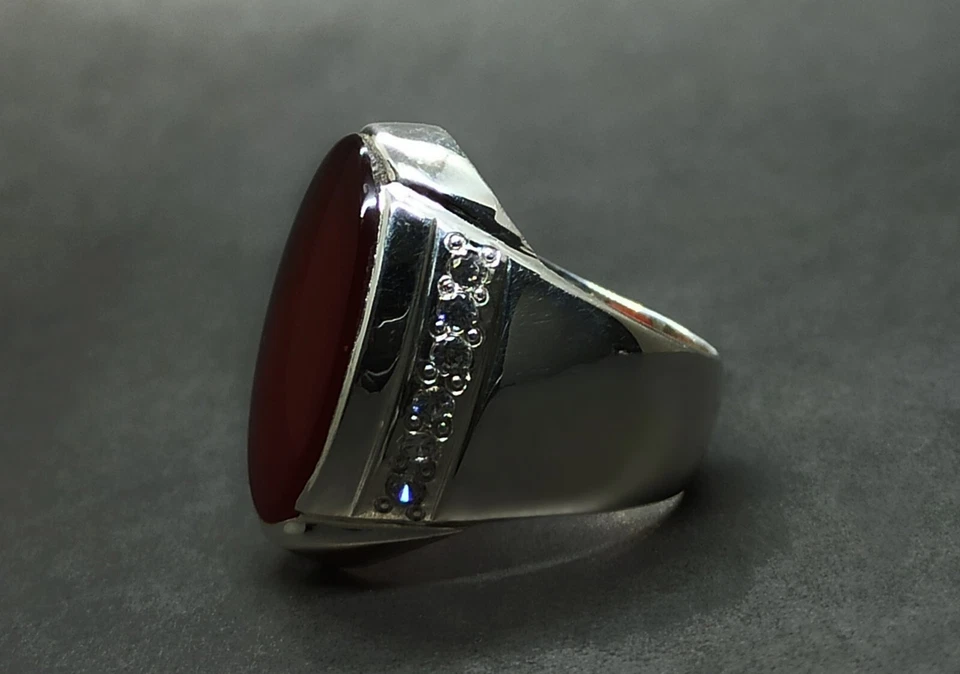 Anillo natural yemení grande marrón cornalina plata esterlina 925 hecho a mano Aqeeq para hombre Foto 2 de 4