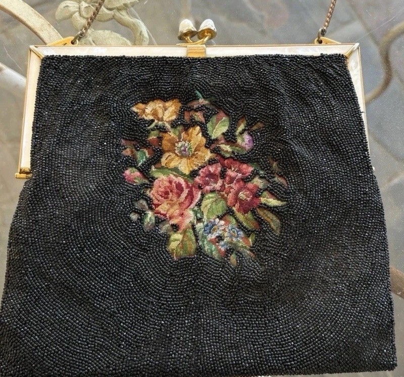 Vintage Black Purse Beaded Body, Mother Of Pearl  Frame Kiss Lock 14”Lx 7.5” W