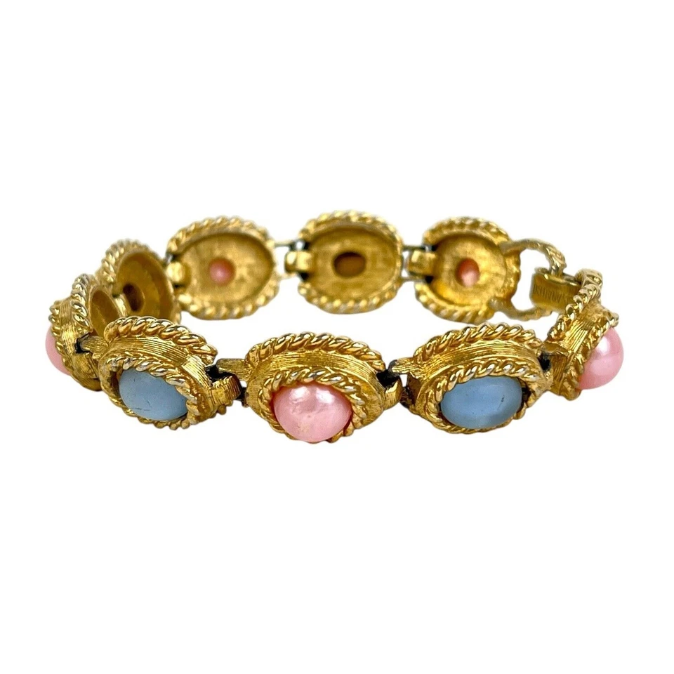 Браслет Sarah Coventry пастельные отражения розовые синие кабошонные звенья золотистый цвет - Изображение 2 из 4