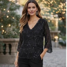 Papell Studio Womens Black 100 Silk Beaded Sequin V-Neck Blouse Top Size L
