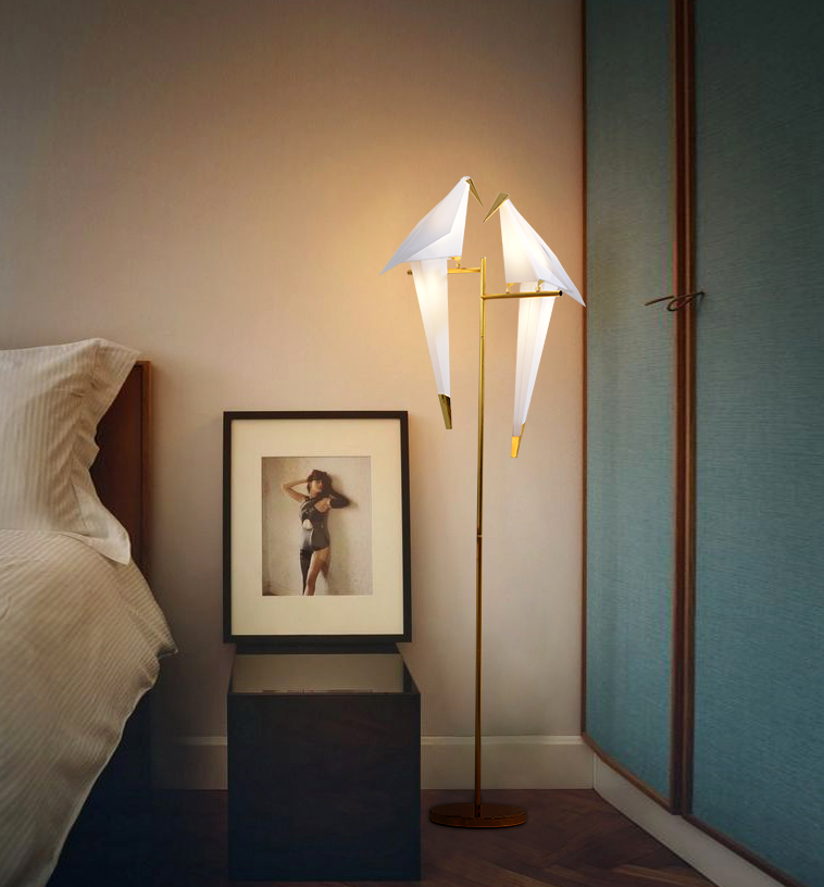 Double Crane Iron LED Origami Swing Bird Floor Lamp for Bedroom Living Room