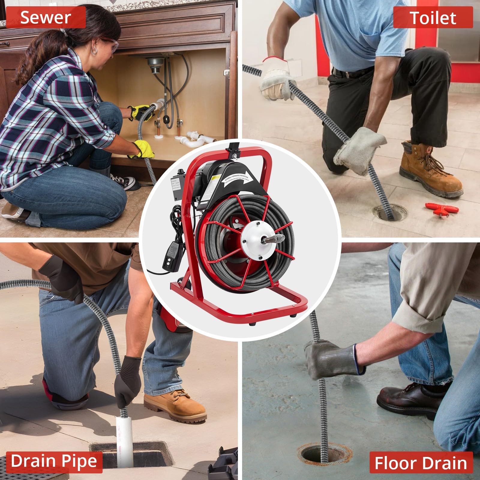 Drain Cleaner Machine Portable Electric Drain Auger 50 FT x 3/8 Inch Auto Feed