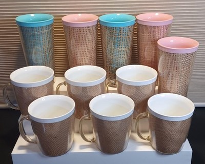 Raffia Ware Mid Century Set / 11 Insulated Thermo Drinkware 6 Mugs 5 Tumblers  Z
