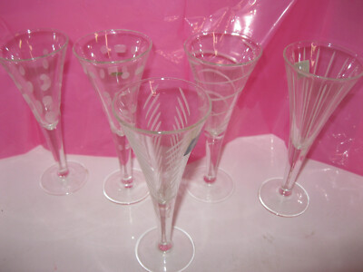 5 Five Mikasa Etched Cheers Cordial Glasses Stems Geometric Designs 6'' Tall