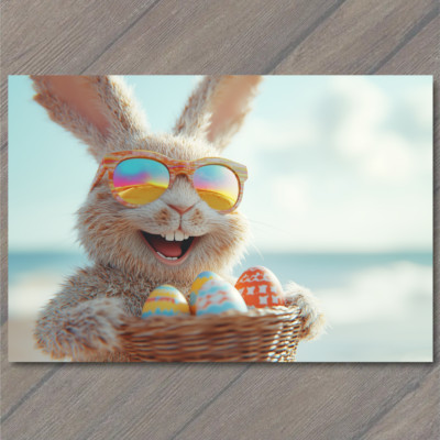 POSTCARD Bunny Wearing Shades Holding Easter Eggs Sunny Beach Ocean Fun Cool