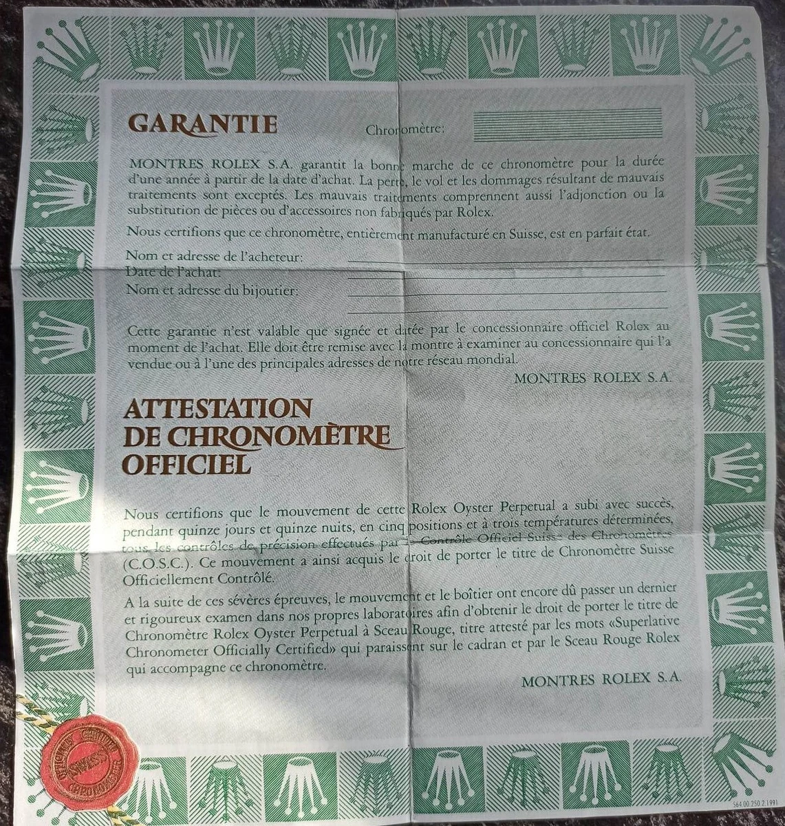 Certificato di garanzia best sale rolex