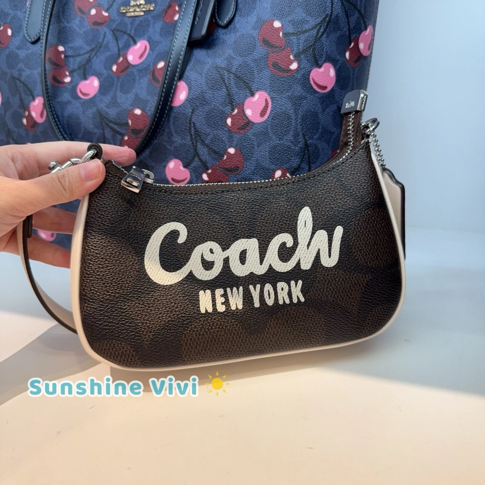 Borsa a tracolla Coach Teri Mini nuova con etichetta con grafica Coach CY734 argento noce gesso