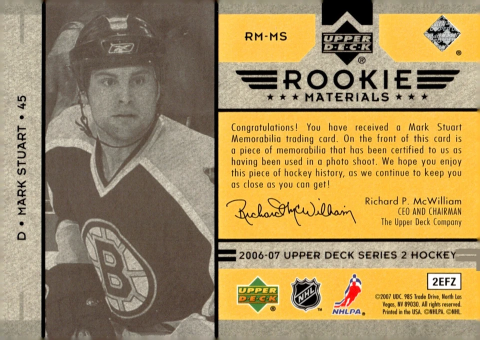 Mark Stuart - 2006-07 Upper Deck Series 2 Rookie Materials Card #RM-MS - Bruins - Image 2 of 2
