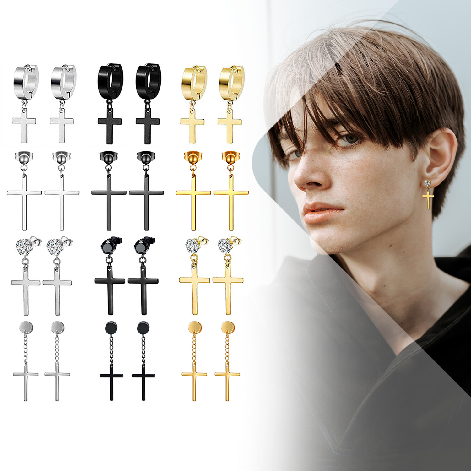 12 Pairs Cross Dangle Ear Stud Earrings Hoop Hinged Clipon Earrings