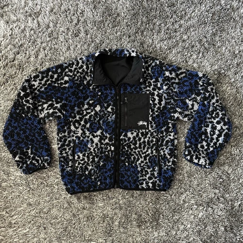 Stussy Reversible Sherpa Jacket - Men’s Size S (Blue Leopard)