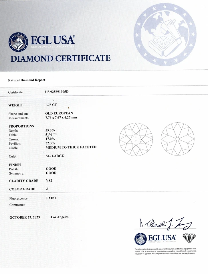 1.75ct OLD EUROPEAN CUT DIAMOND CERTIFIED J VS2 LOOSE NATURAL VINTAGE ESTATE - Image 2 of 2