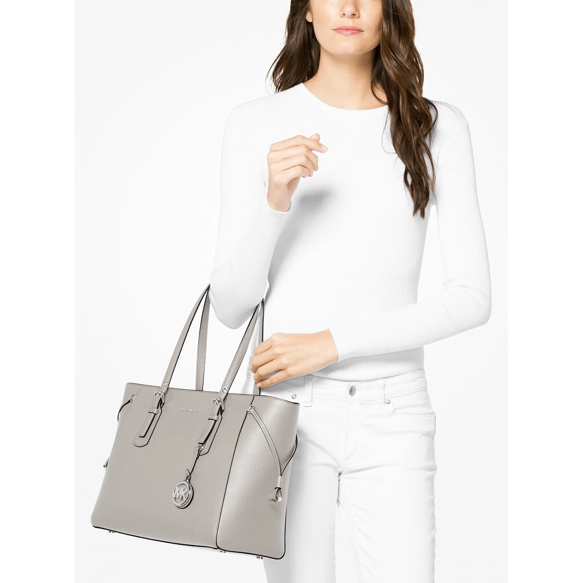 NWT MICHAEL MICHAEL KORS VOYAGER MEDIUM MULTIFUNCTION LEATHER TOTE PEARL  GREY 191935083548