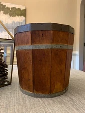 Antique Wood Firkin Bucket With Lid & Metal Strapping Farmhouse Rustic Primitive