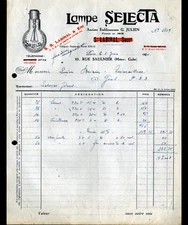 PARIS (IX°) LAMPS SELECTA "G. JULIEN / S.S. LABINAL & ENI" Invoice in 1934