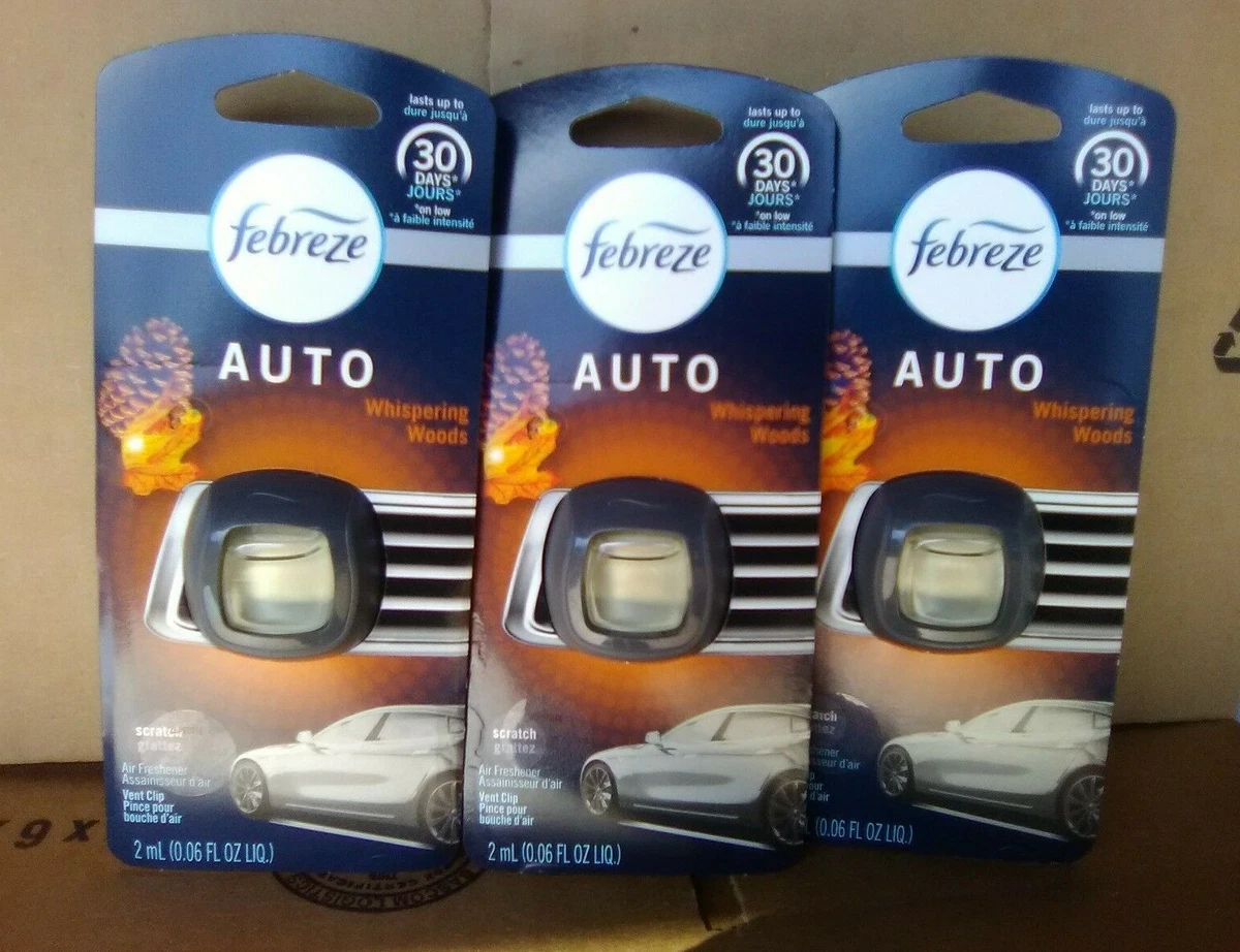 3 Febreze Car Clip on Vent Auto Air Fresheners Whispering Woods Scent