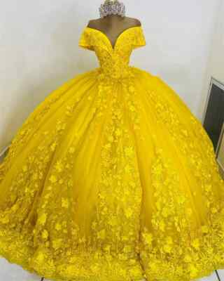 Yellow Charro Quinceanera Dresses Ball Gown Tulle Appliques Lace Sweet16 