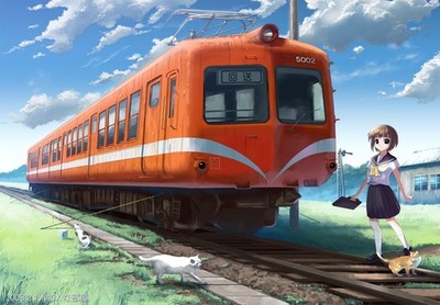 Anime Schoolgirl School Uniform Train Cats Vehicle 11x17 Poster