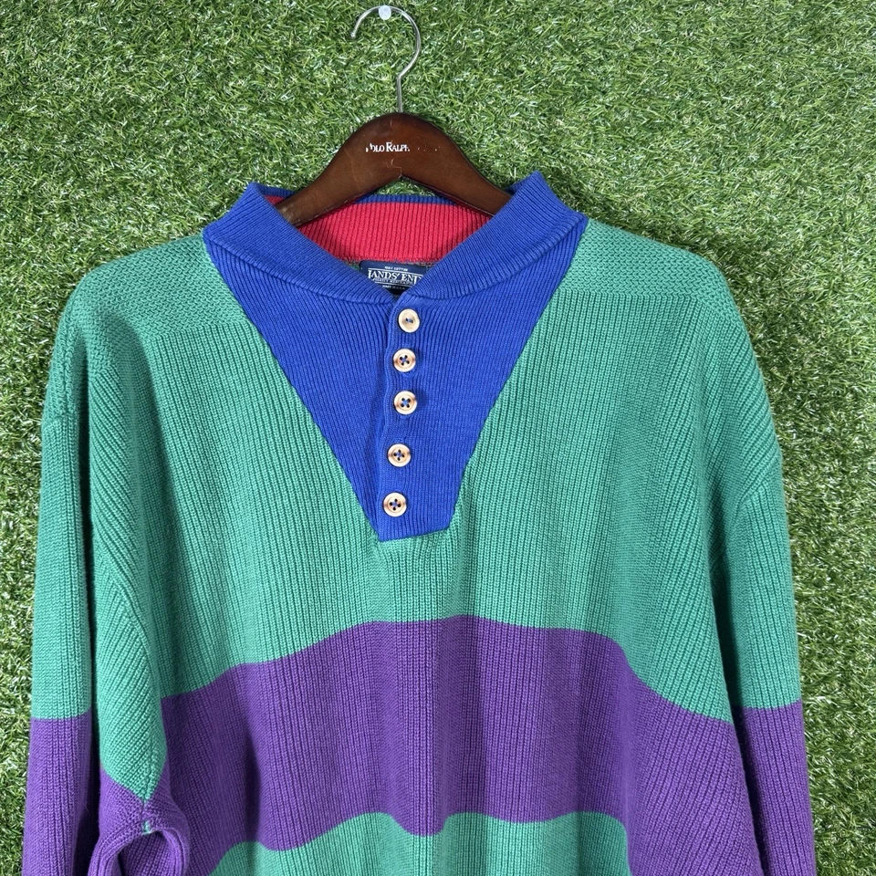 Sudadera De Colección Lands End Para Hombres XL Tejida Henley EE. UU. Bloque de Color Foto 2 de 4