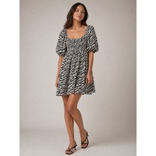 Faithfull The Brand Mini Dress Sz S Zebra Smocked Puff Sleeve Coquette Milkmaid