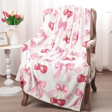 Pink Bow Cherry Blanket 50 x 60 Inch Coquette Soft Flannel Lightweight Blanke...
