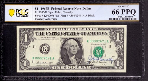 1969 B $1 FRN DALLAS LOW SERIAL JOHN CONNALLY COURTESY AUTO PCGS 66 PPQ