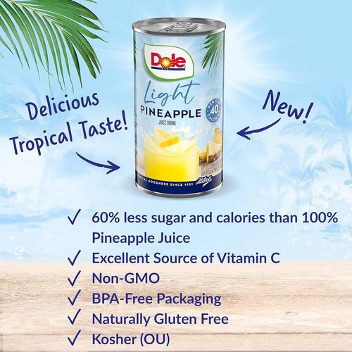 (48 Pack) Dole Light Pineapple 100% Fruit Juice, Vitamin C, Less Sugar, 6 Fl Oz - 第 5/7 張圖片