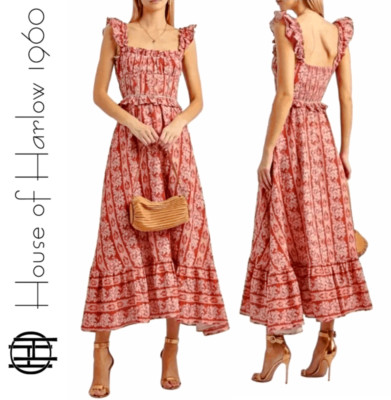 HOUSE OF HARLOW 1960 Tiered Smocked Back Linen-Blend Maxi Dress in Terracotta  L