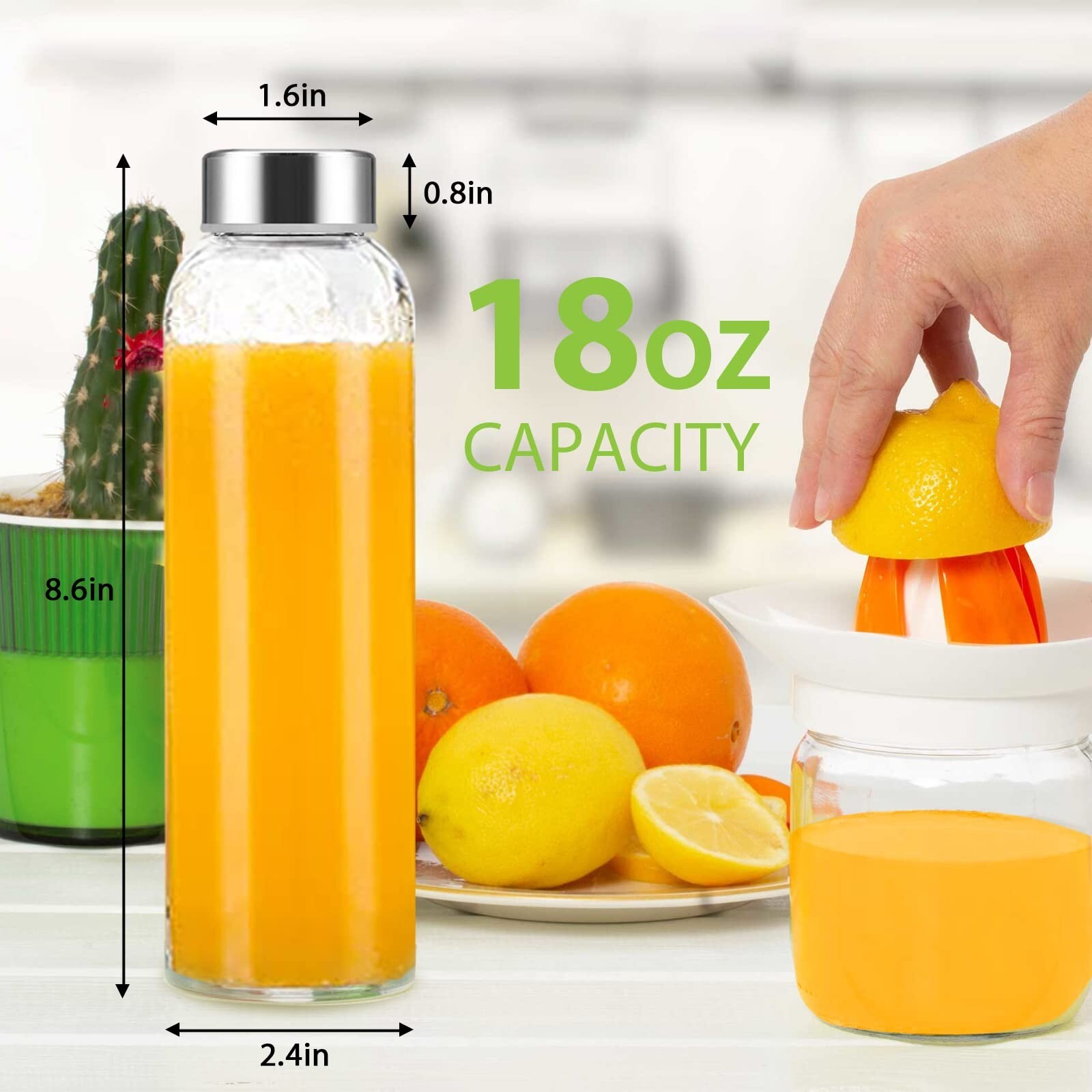 Clear Glass Bottles with Lids 18 oz, Reusable Glass Water Bottles with ...