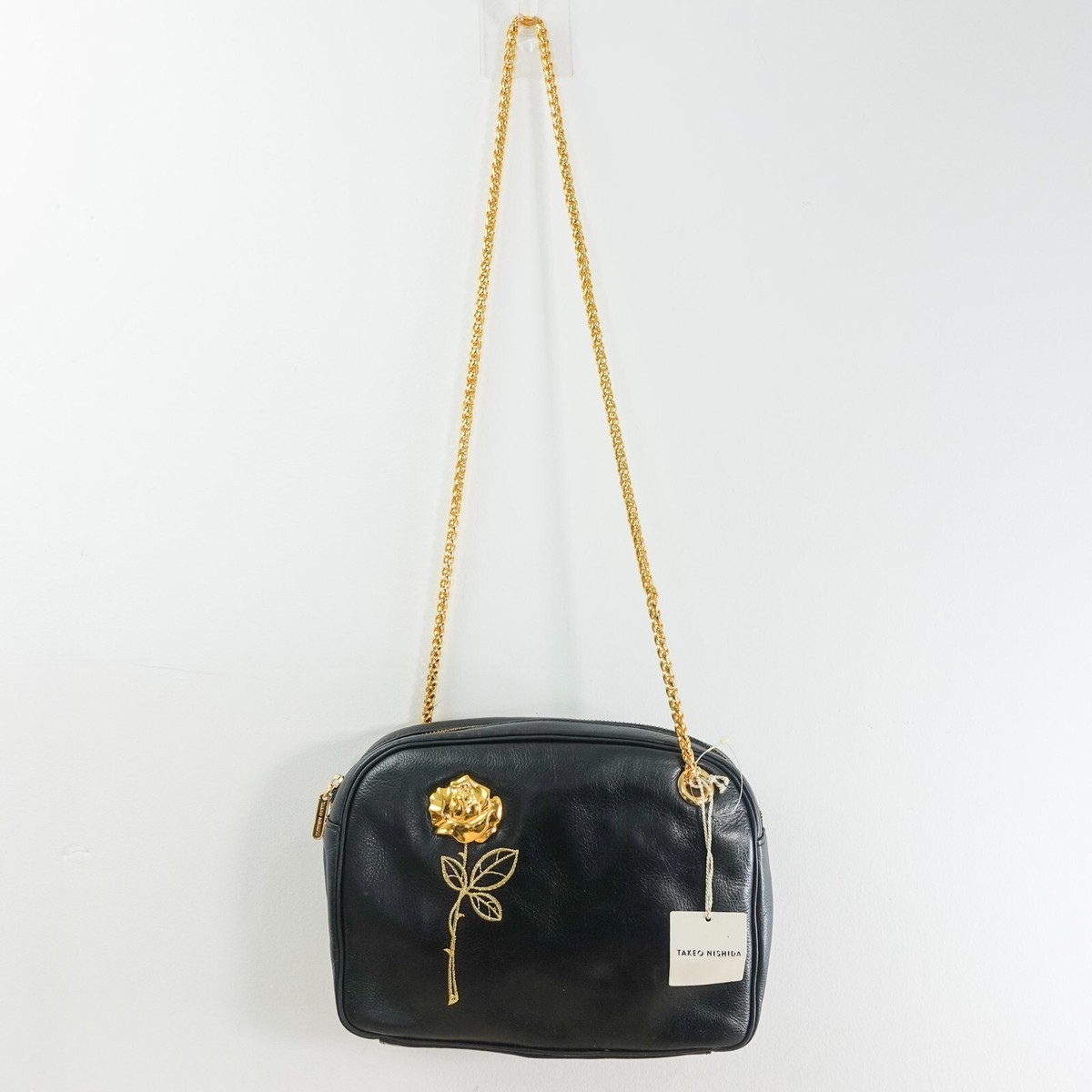 Vintage TAKEO NISHIDA Bag Leather Crossbody Black Gold Chain