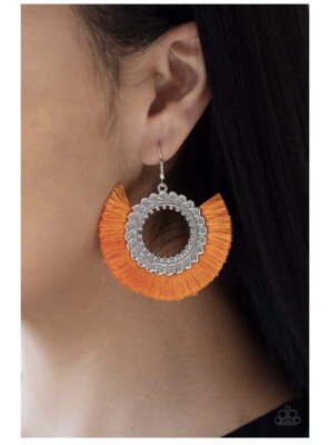 Paparazzi Earrings 🧡 Fringe Fanatic ORANGE Silver Circle Fan RARE