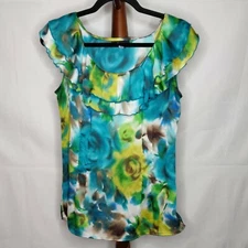 AB Studio women's L sleeveless top green multi print ruffled neckline side zip