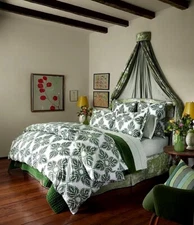 $460 JOHN ROBSHAW DASATI ORGANIC QUEEN DUVET COVER DARK SAGE GREEN LEAVES FLOWER
