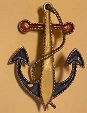 VINTAGE SAILING ANCHOR PIN, BROOCH, RED, WHITE, BLUE, GOLD TONE, STAMPED TT
