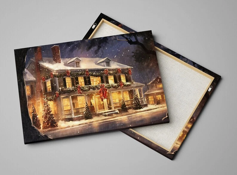 Navidad Invierno Acogedora Casa de Vacaciones Santa Sala de Estar Lienzo Arte de Pared Impresión Foto 3 de 4