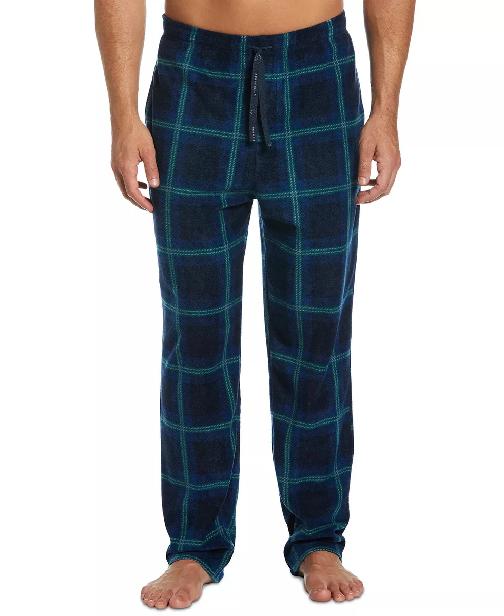 PERRY ELLIS Mens Fleece Pajama Pants Windowpane Plaid Blue Size