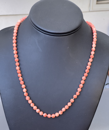 Vintage Edwardian Salmon Coral Bead Necklace, Hand Knotted, Sterling Clasp, 19”