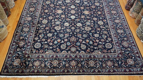 Elegant Antique Kashann 10' x 13' Hand Knotted Wool Navy Blue Oriental Rug - Picture 15 of 24