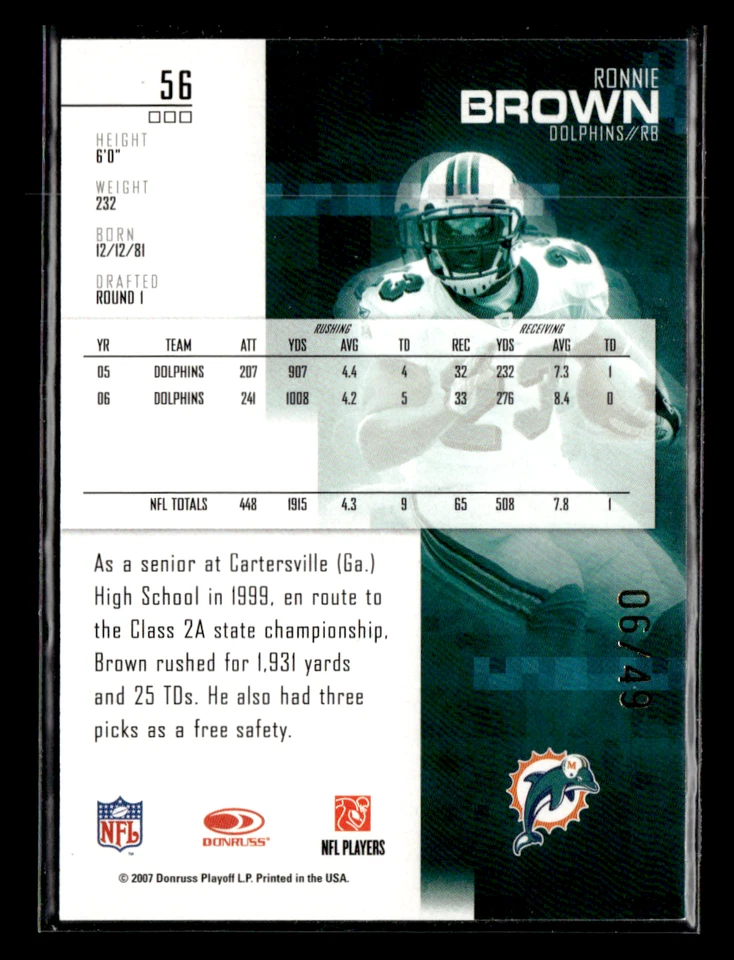 2007 Leaf Rookies & Stars #56 Ronnie Brown /49 Gold - Image 2 of 2