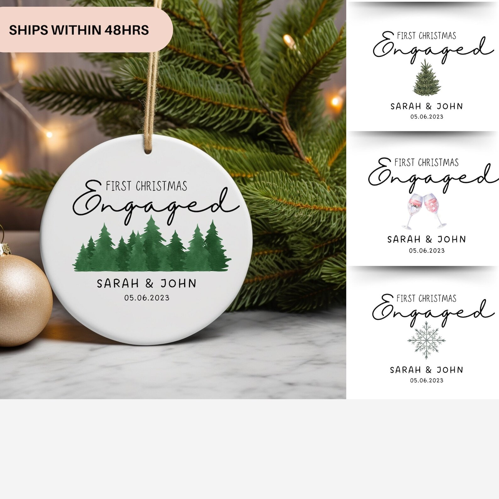 Custom 2023 Engaged First Christmas Ceramic Personalized Ornament