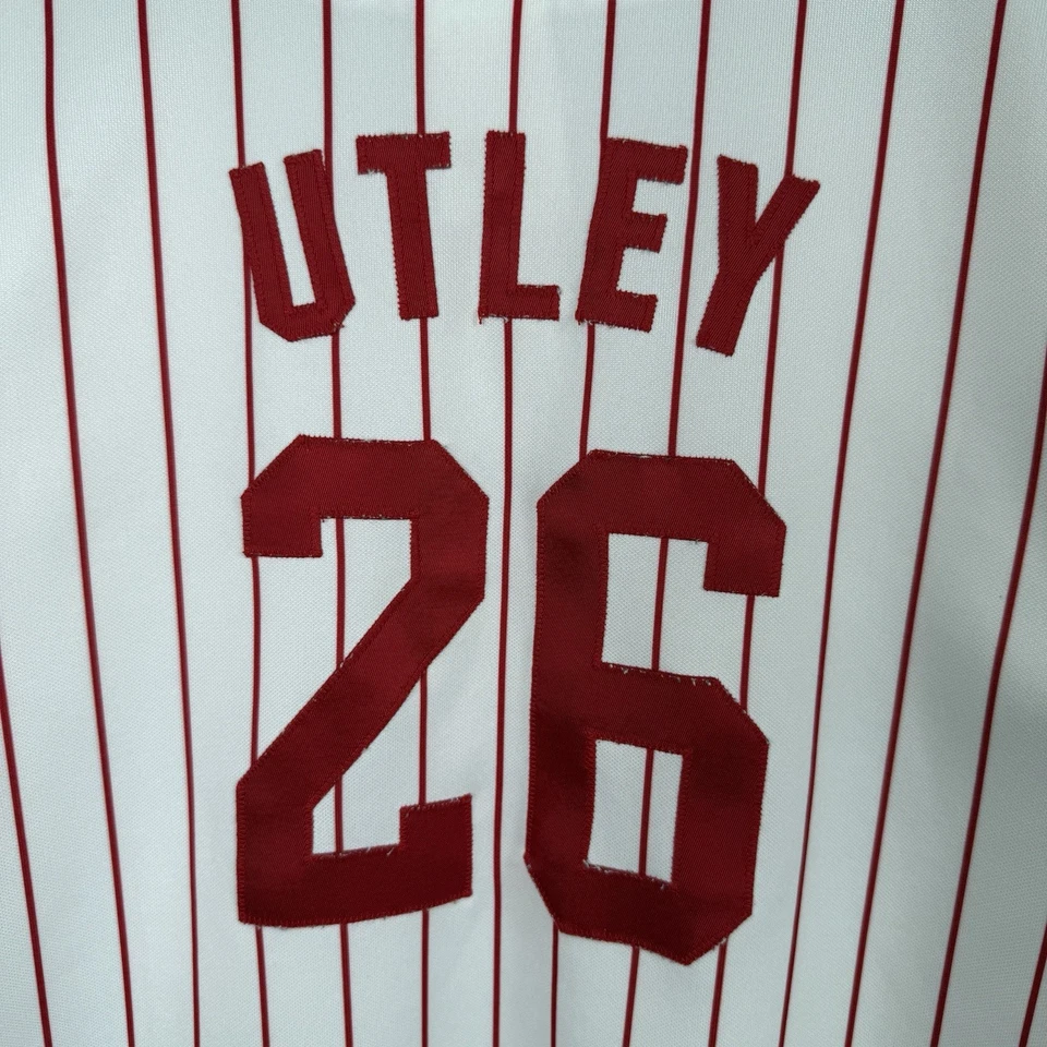 Camiseta deportiva vintage de los años 00 Majestic Phillies Chase Utley L blanca a rayas Foto 2 de 4