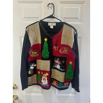 Vintage Christmas Zip Up Knit Sweater Snowmen Trees Colorblock Sz L Cotton Blend
